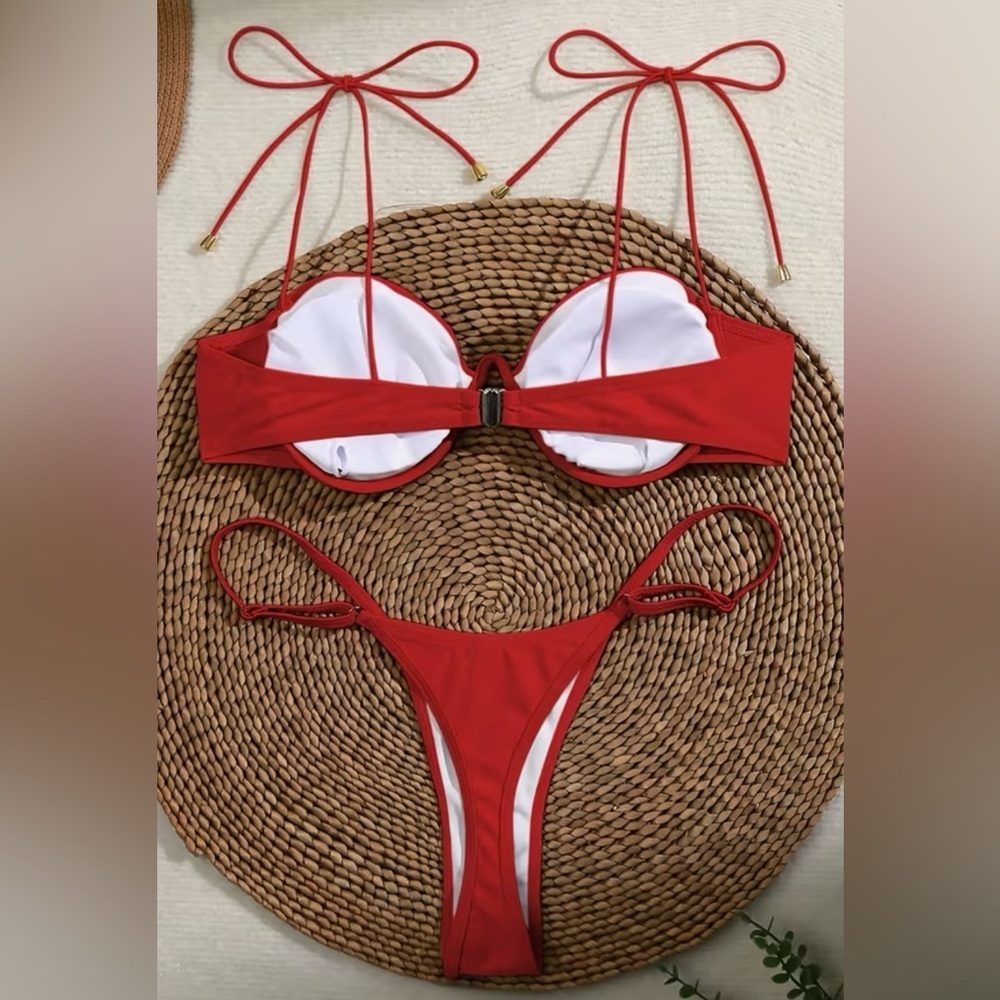 Embroidered Red Push Up Shoulder Ties Thong Bikini Set - Picture 9 of 11
